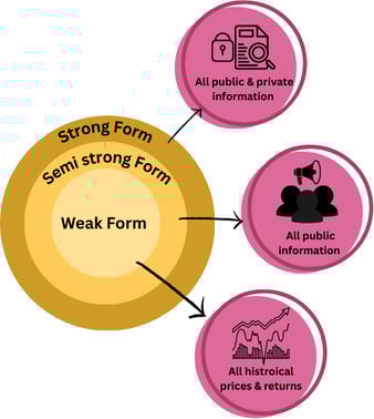Diagram explaining the three forms of the Efficient Market Hypothesis (EMH): Weak Form based on historical prices and returns, Semi-Strong Form based on all public information, and Strong Form based on all public and private information.
