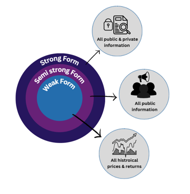 Diagram illustrating market efficiency forms—Weak, Semi-strong, and Strong—based on access to historical, public, and private information.